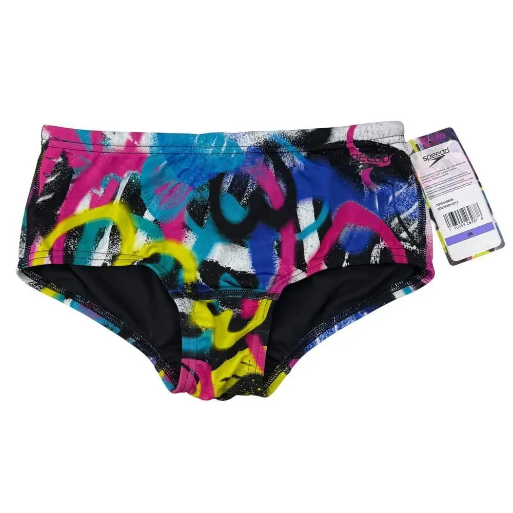 NWT SPEEDO Men's Printed Euro Swim Bottom Brief Blue/Pink/Yellow Size 26